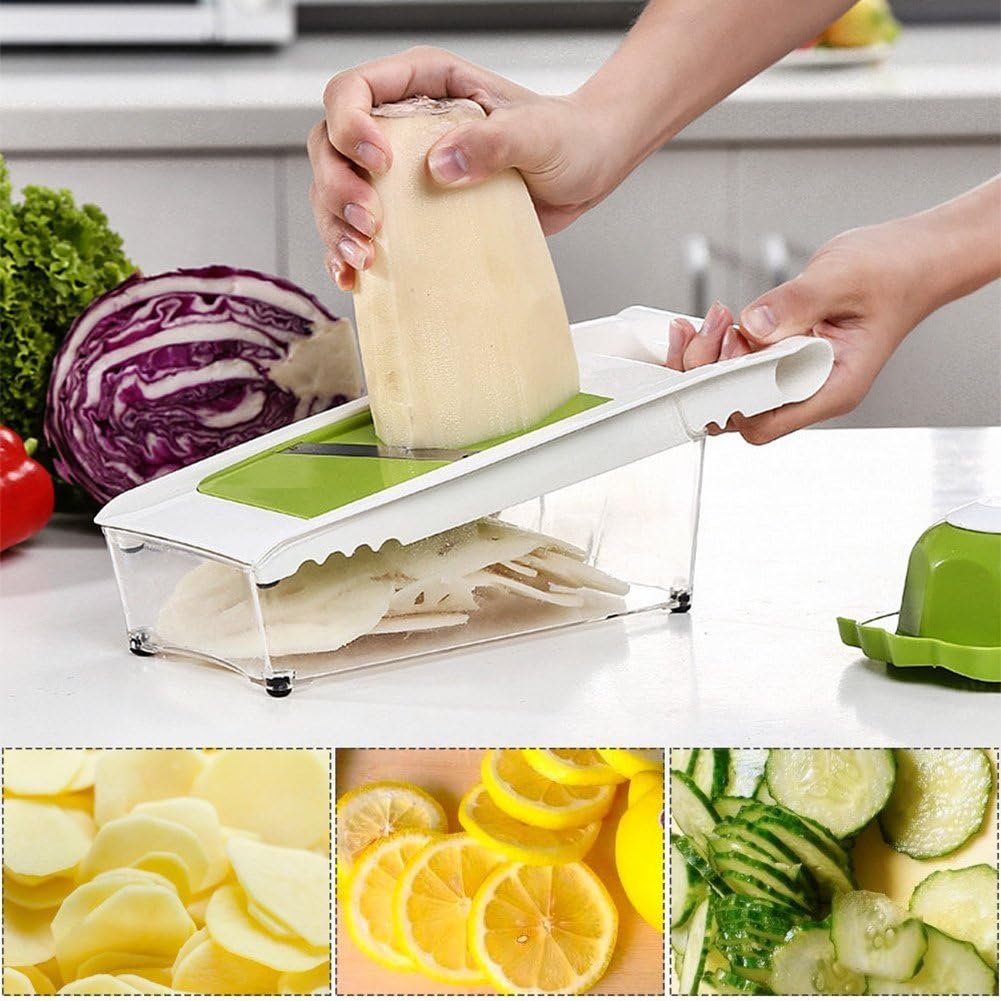 Mandoline Slicer Vegetable Potato Slicer Grater Cutter Chopper, HaetFire Julienne Slices and Shreds Fruits and Vegetables Chopper, Food Container, Safety Food Holder, 5 Interchangeable Sharp Blades