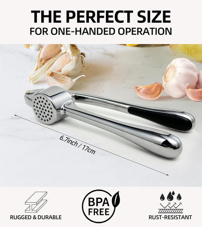 Ugotit Stainless Steel Garlic Press Set Silicone Garlic Peeler & Brush, Heavy Duty Metal Garlic Mincer, Dishwasher Safe, Easy Clean (Regular Handle)