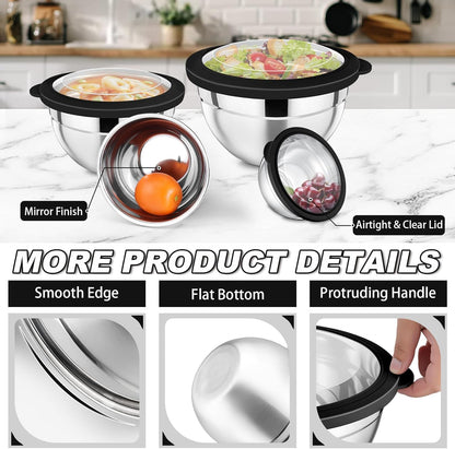 P&P CHEF Mixing Bowl with Lid Set of 7, Stainless Steel Nesting Salad Bowls for Cooking Serving Prepping, Clear Lids & Stackable Design, Size 4.6, 3.5, 3, 2, 1.5, 1, 0.7 Qt - Khaki