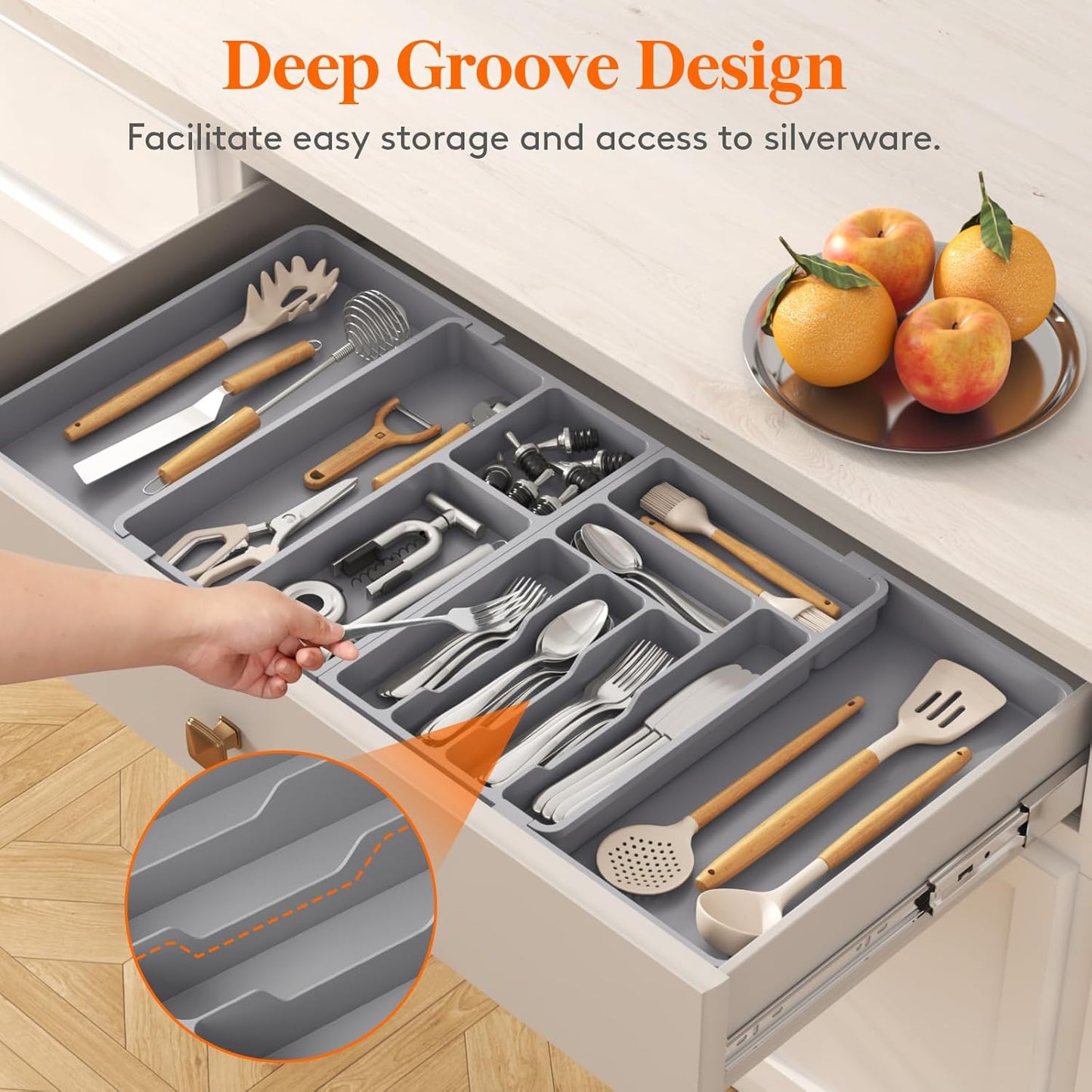 Lifewit Utensil Organizer for Kitchen Drawer, Expandable Cooking Silverware Tray, Adjustable Cutlery Flatware Holder, Plastic Spatula Tools Storage Divider, 14.4 x 15.8", Black