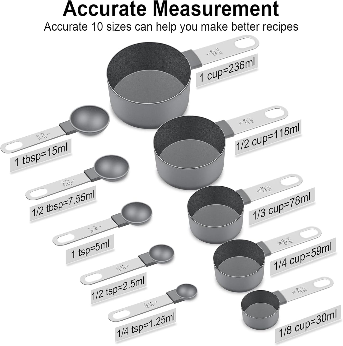 Measuring Cups and Spoons Set, 10 Pieces Nesting Measure Tools, Kitchen Essentials Gadgets with Stainless Steel Handle for Dry & Liquid Ingredient, Pink