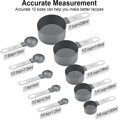 Measuring Cups and Spoons Set, 10 Pieces Nesting Measure Tools, Kitchen Essentials Gadgets with Stainless Steel Handle for Dry & Liquid Ingredient, Pink
