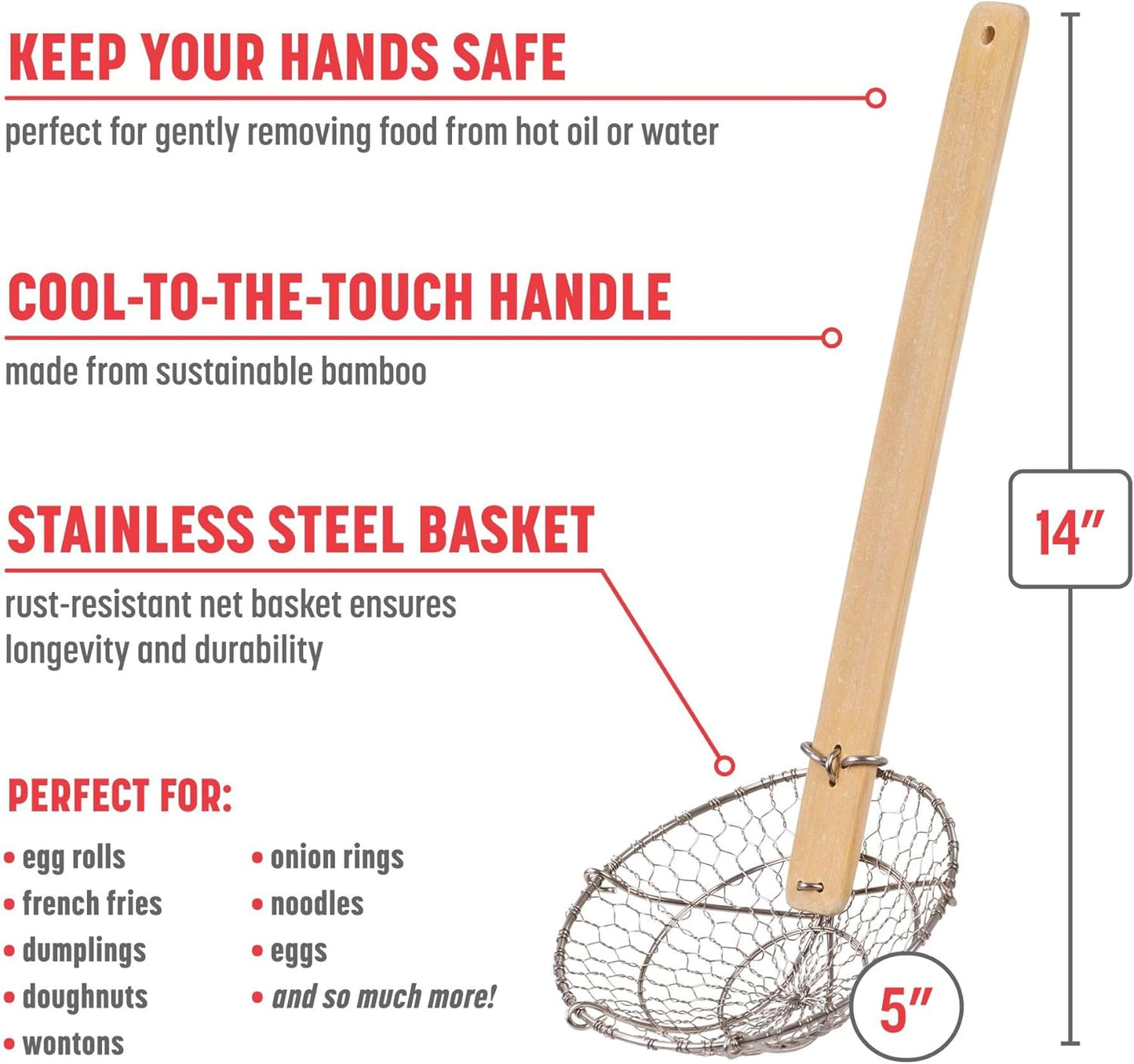 Joyce Chen Kitchen Spider Strainer Stainless Steel 5-Inch Wire Basket with Heat-Resistant Bamboo Handle