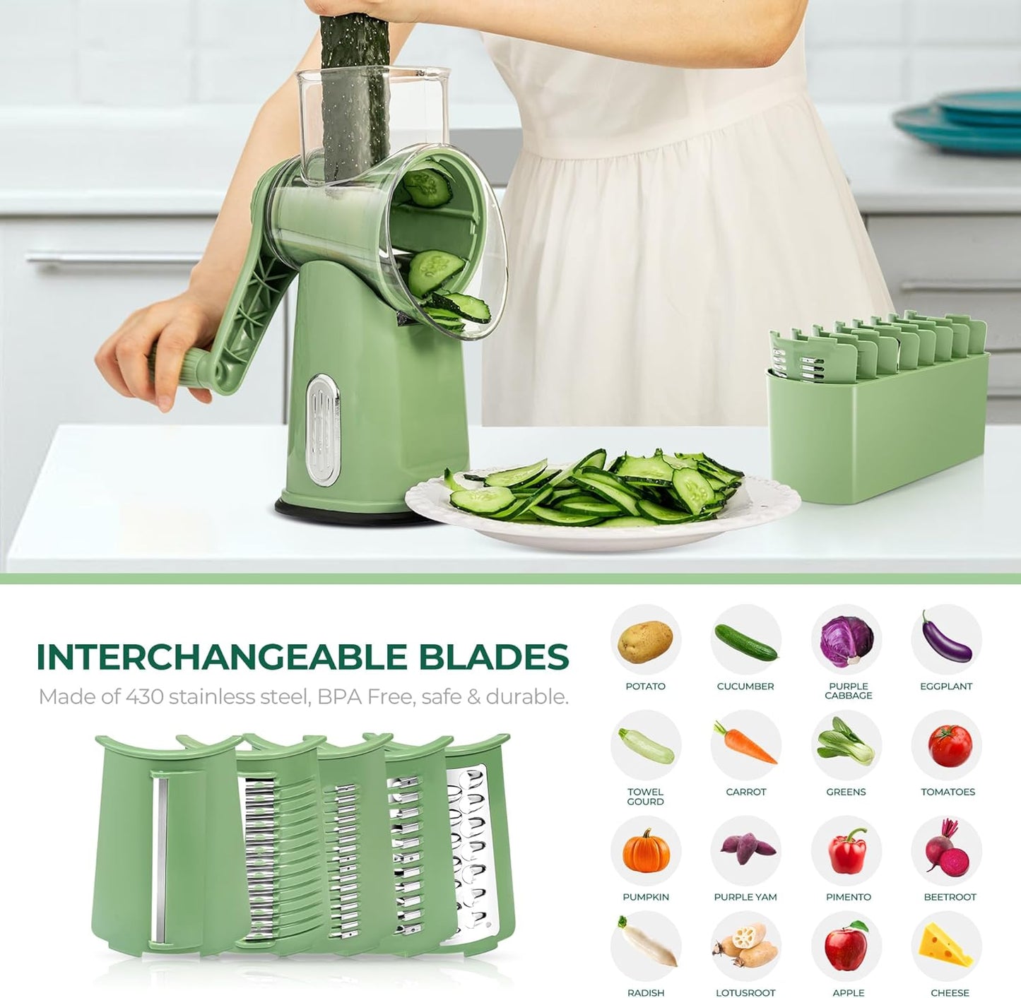 SUSTEAS Rotary Cheese Grater with Handle - Vegetable Shredder with 5 Well-designed Blades & Strong Suction Base,Round Mandoline Slicer & Food Chopper for Kitchen,with Blade Storage Box(Beige)