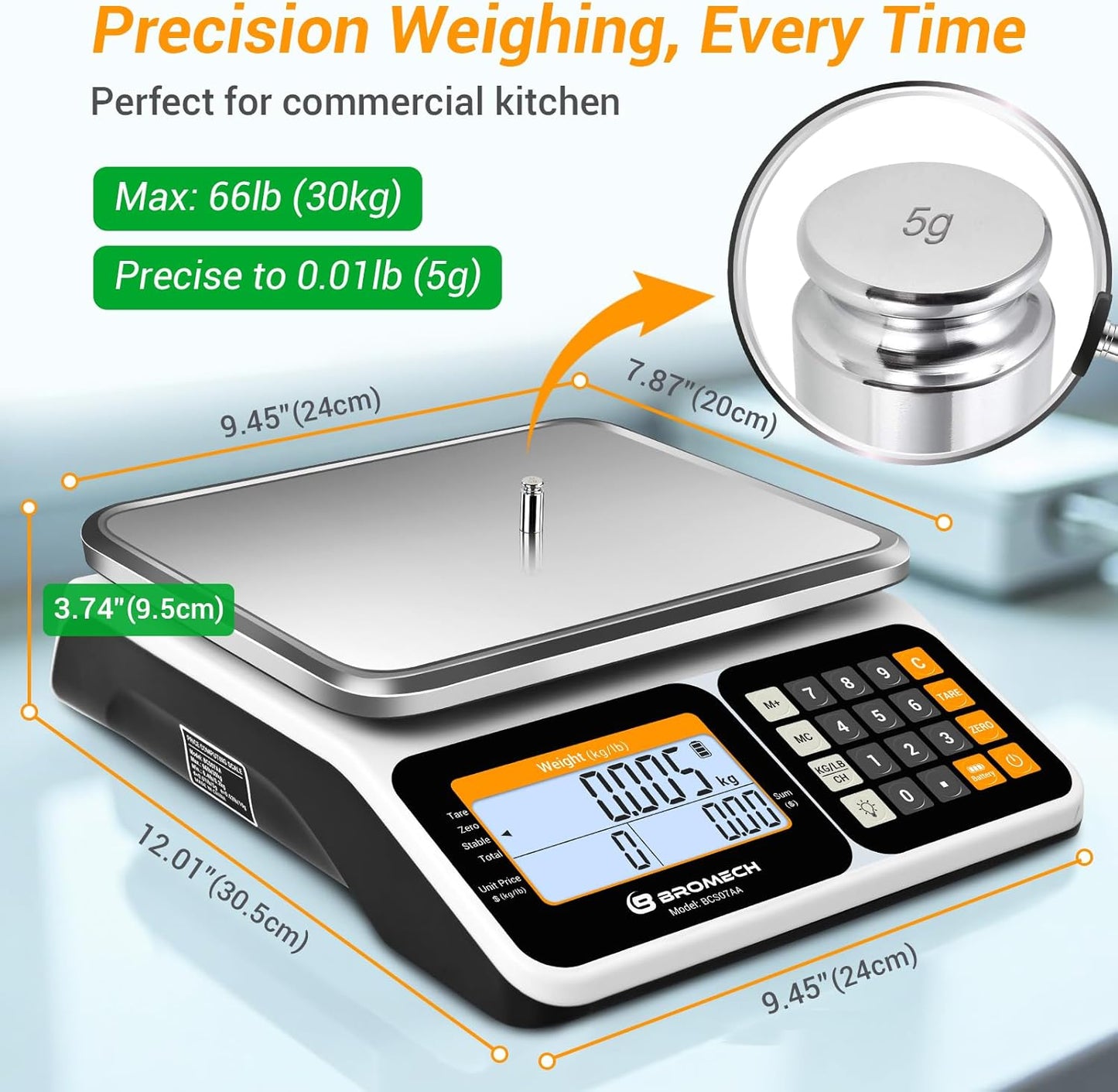 Commercial Food Scale 66lb/30kg, High Precision Digital Price Computing Scale for Farmers Marke, Deli, Dual Backlit LCD Display, Stainless Steel Platform, Rechargeable Battery for Produce Meat
