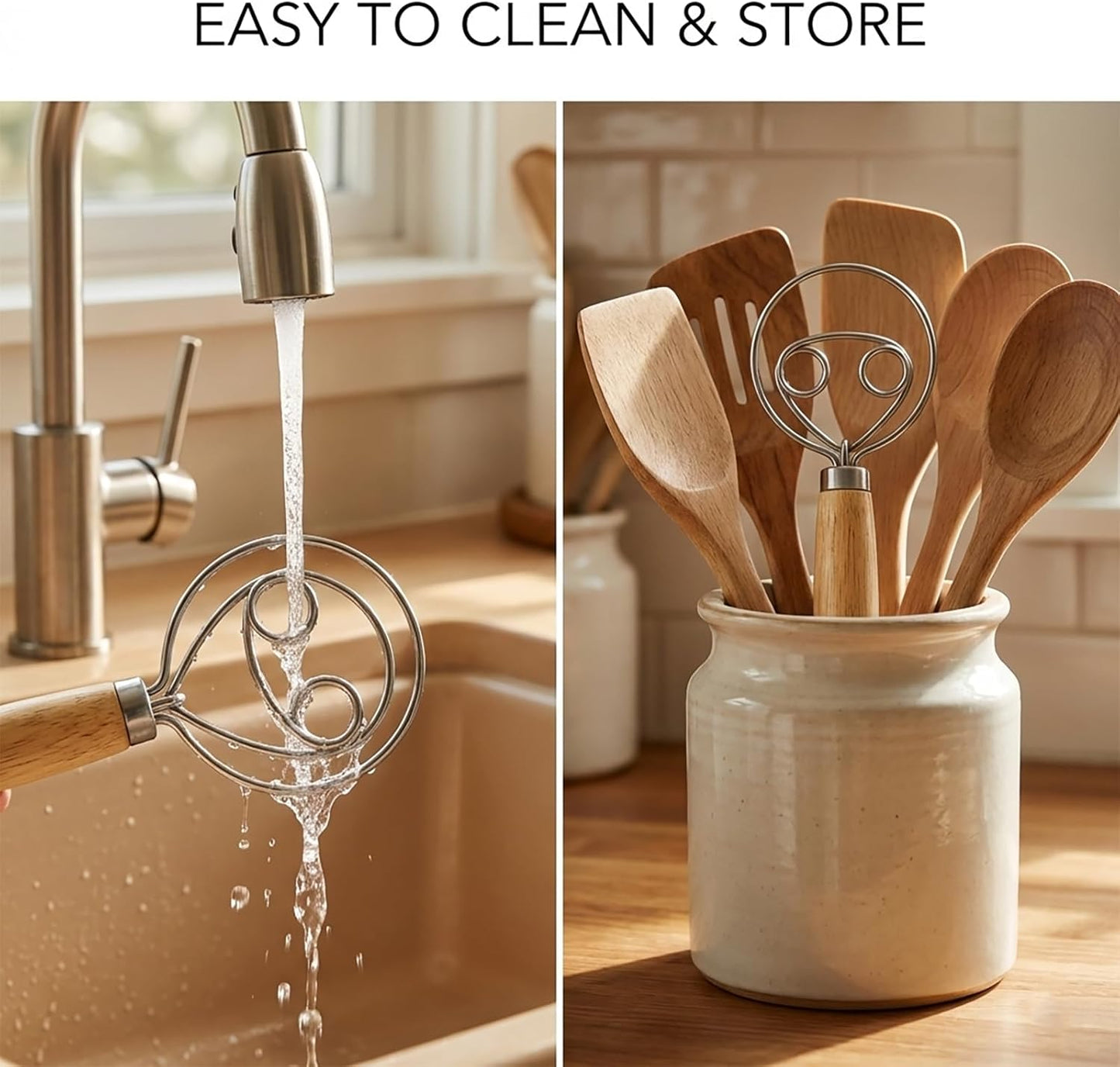 Danish Dough Whisk for Sourdough Bread, Stainless Steel Bread Dough Whisk with Wooden Handle, Manual Dough Mixer Tool for No Knead Bread, Pizza, Baking & Starter Mixing