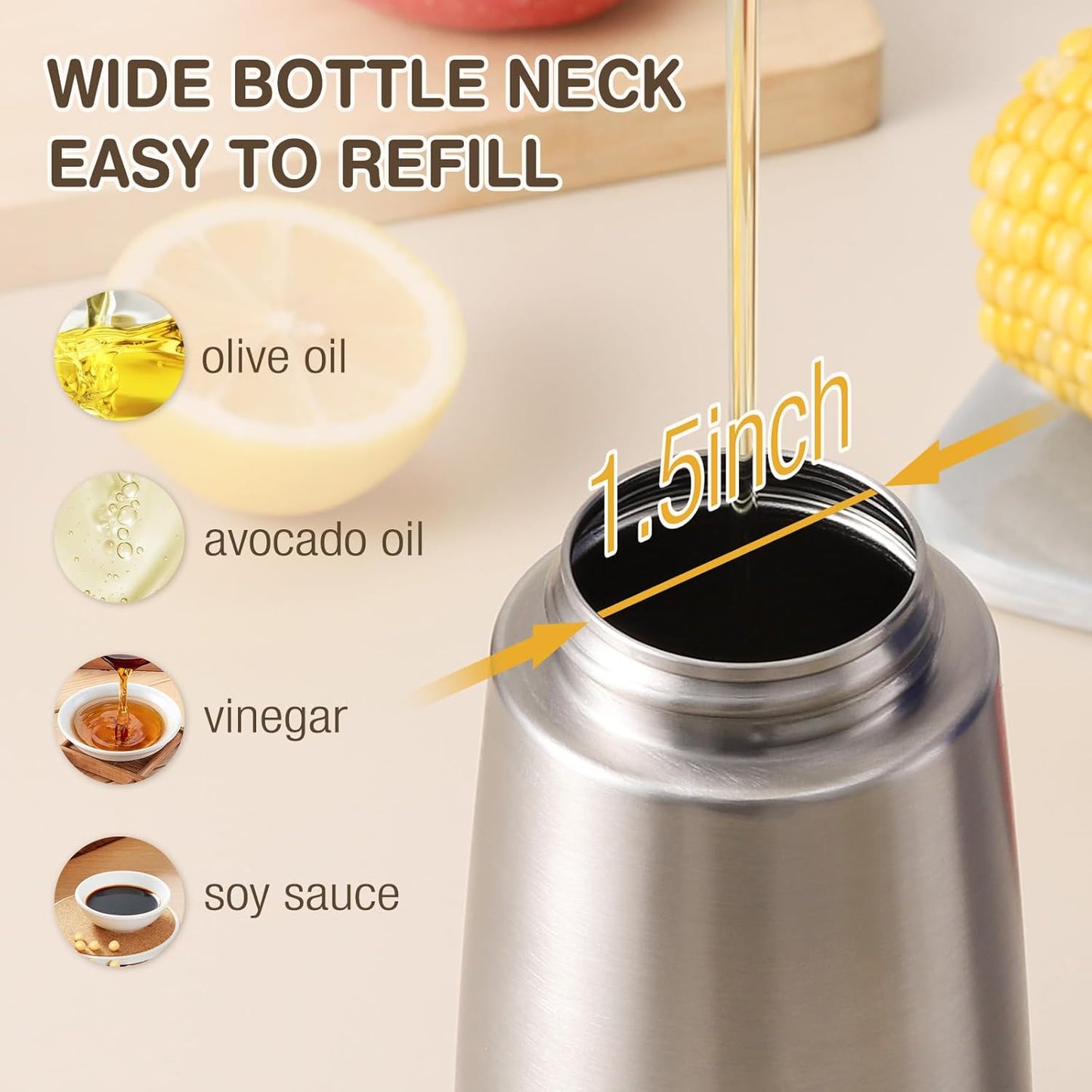 Vucchini Large Olive Oil Dispenser Bottle 17 oz - Auto Flip Condiment Container - Leakproof Vinegar Dispenser Glass Cruet Stainless Steel