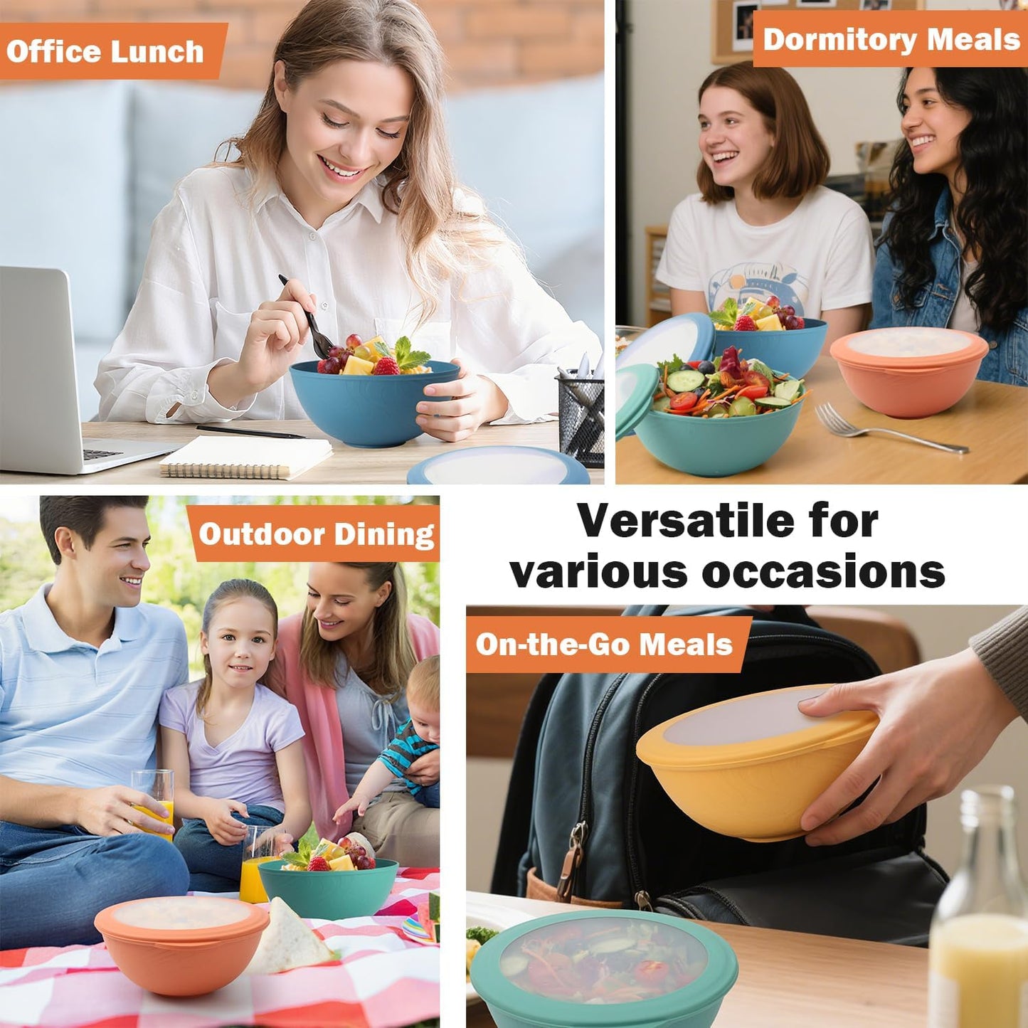 Wheat Straw Bowls Set with Lids, Unbreakable 40 OZ Cereal Bowls Set of 4, Salad Container for Lunch, Microwave & Dishwasher Safe Bowl Set for Kitchen, Picnic, RV, Camping, Multi