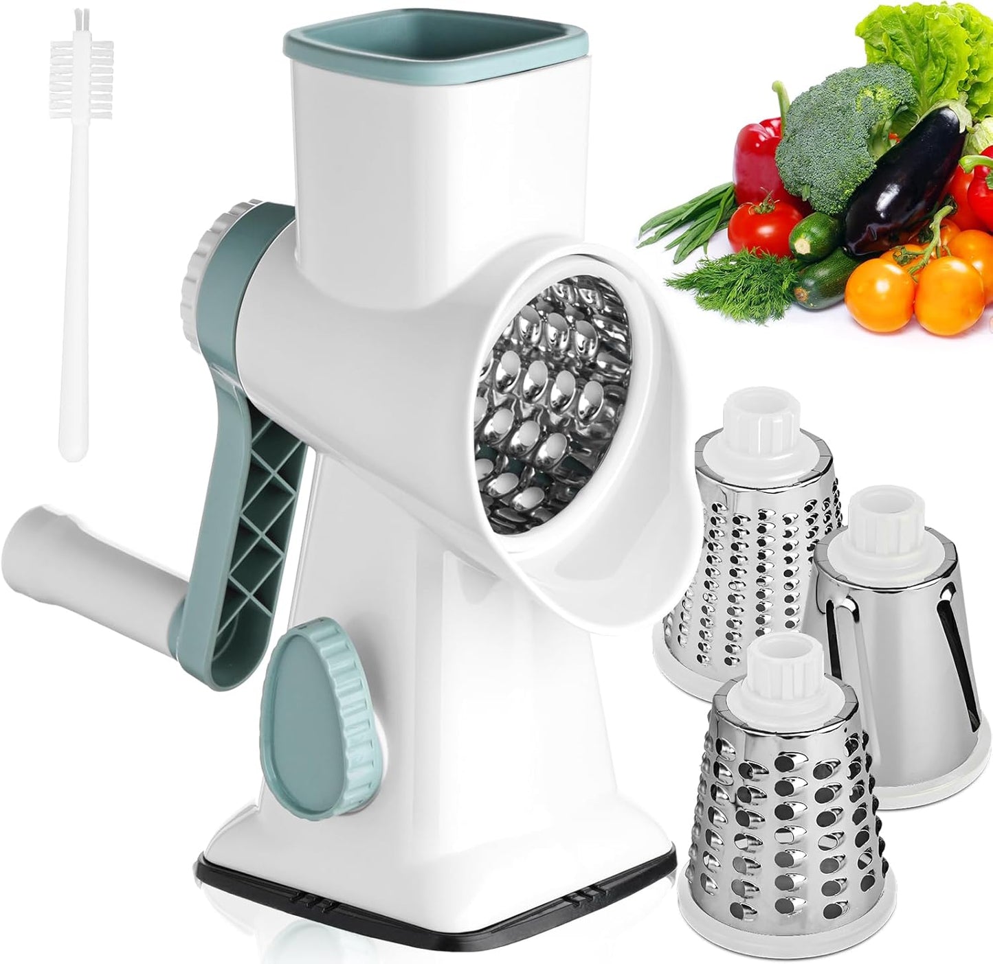 HANSGO Rotary Cheese Grater Hand Crank, Shredder Slicer Grinder, 3 Large Diameter Metal Blades & Cleaning Brush, Non-slip Suction Base, Labor-Saving Handle, Kitchen Gadgets for Cheese, Vegetable, Nuts