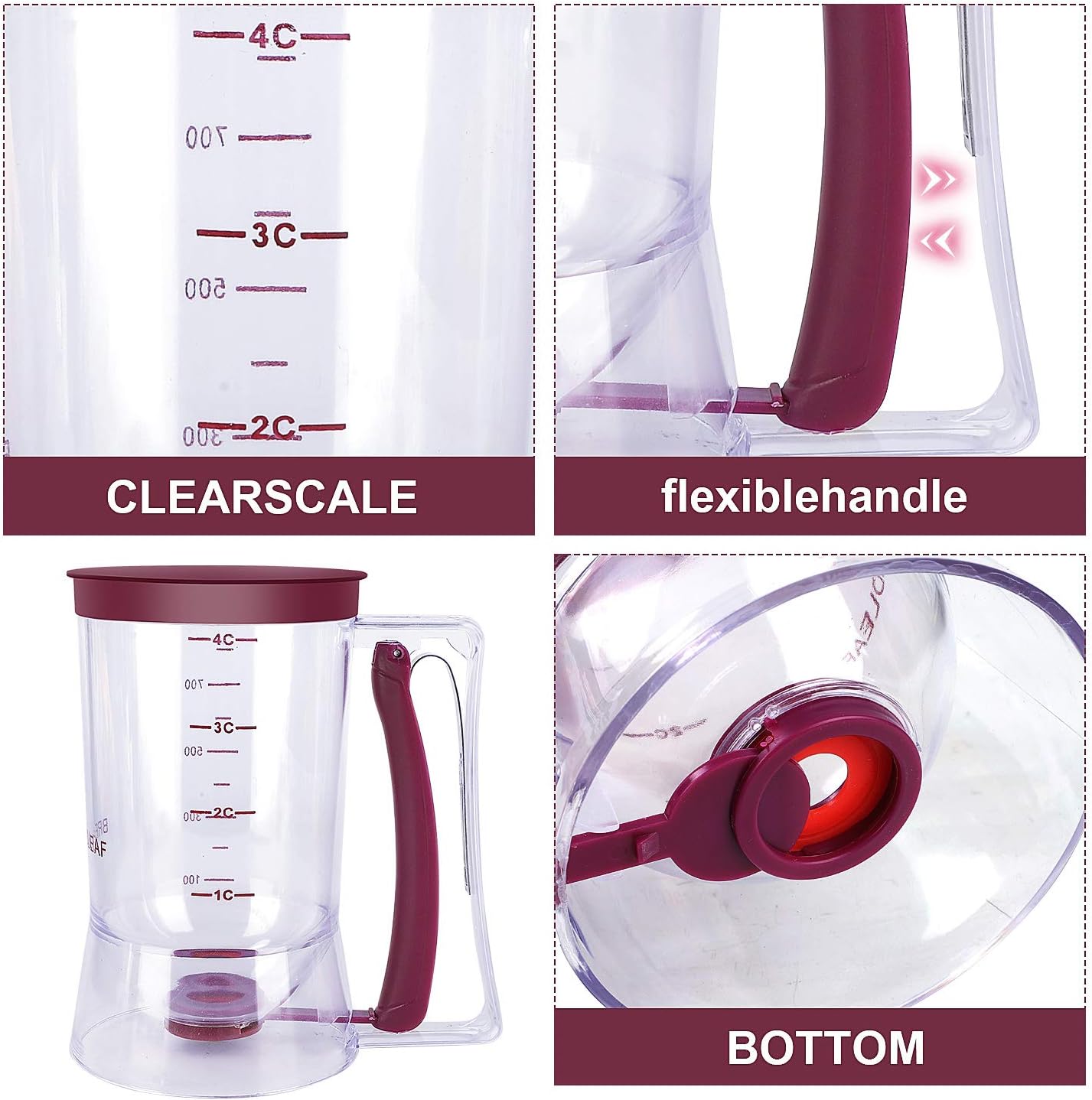 BBSTARZ Pancake Batter Dispenser – 4-Cup Batter Dispenser with Squeeze Handle & Measuring Marks for Pancakes, Waffles, Muffins, Crepes & Cupcakes – Baking Tool(Red)