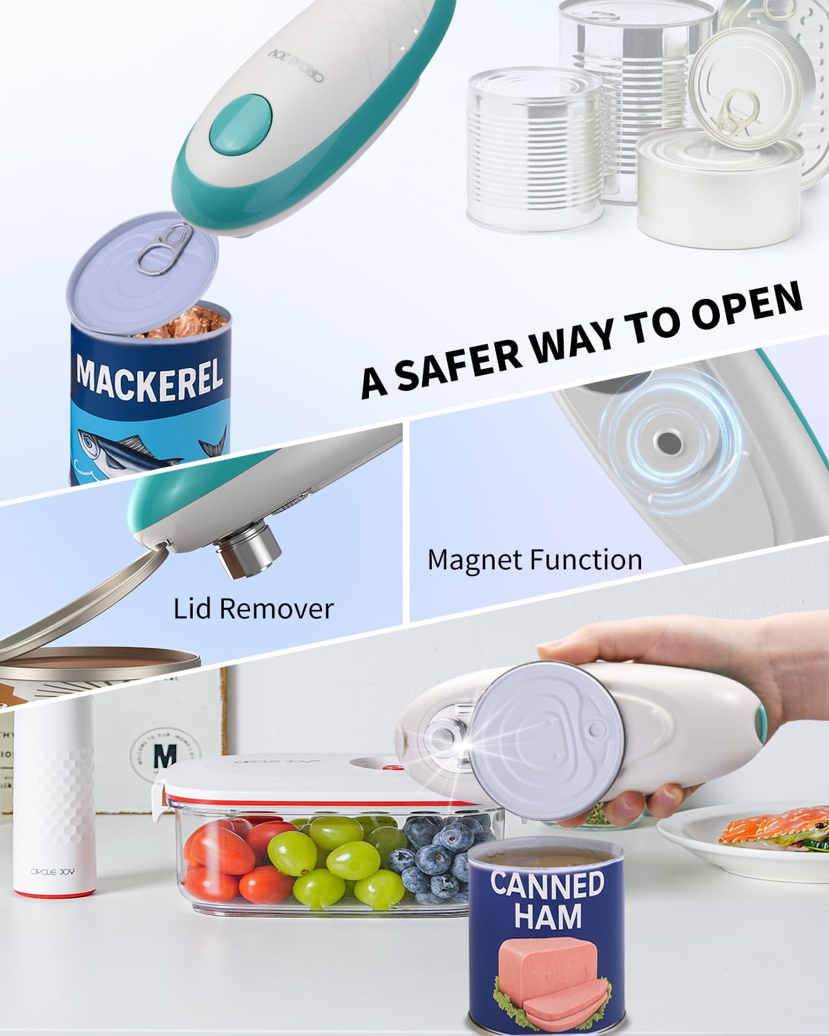 CIRCLE JOY Electric Can Opener, One-Touch Automatic Can Opening with Smooth Edges, Food Safety Handheld Battery-Operated Can Opener for Kitchen and Seniors, Black