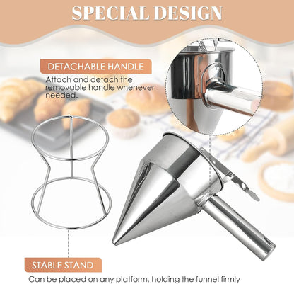 MAOPINER 1200ML 40.5OZ Stainless Steel Pancake Batter Dispenser, Piston Funnel Cake Maker Dispenser, Commercial Chocolate Confectionery Funnel with Stand for Takoyaki and Baking