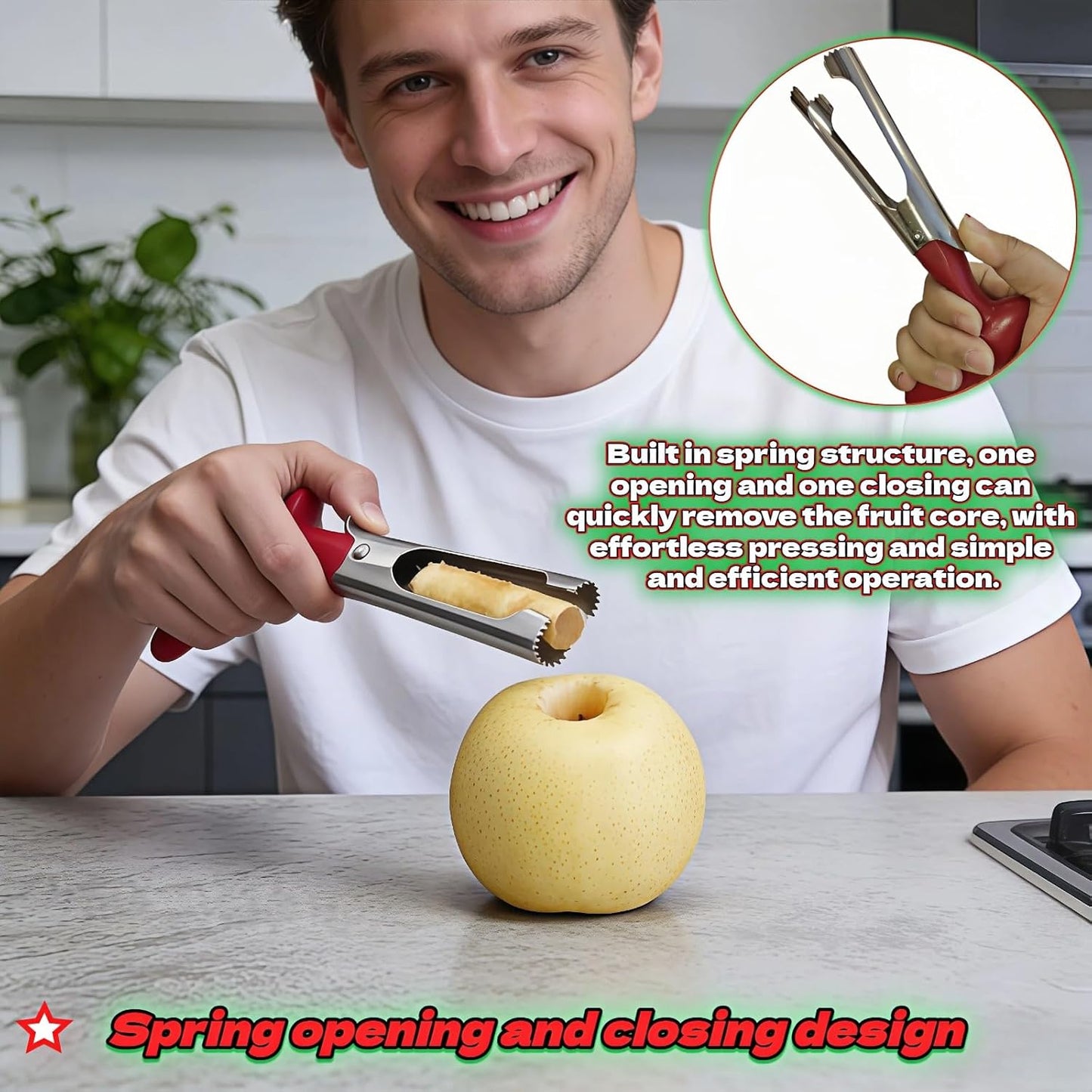 Apple Corer, Stainless Steel Apple Corer and Divider with Sharp Serrated Blade – Easy to Use – Core Remover Tool for Apples, Pears, Cupcakes – Heavy-Duty Kitchen Gadget for Baking, Cooking (Yellow)