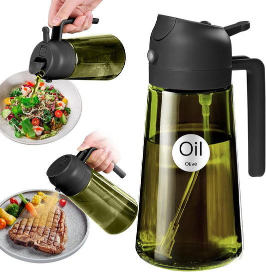 YARRAMATE 16oz/470ml Light-Blocking Dark Oil Sprayer for Cooking, 2 in 1 Olive Oil Dispenser Bottle for Kitchen, Premium Dark Green Glass Oil Bottle, Food-Grade Oil Mister for Air Fryer, BBQ (Black)