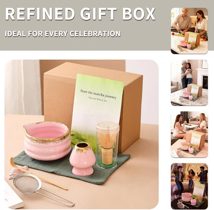 7-Piece Matcha Set: Matcha Bowl + Bamboo Whisk Kit, Ceremonial Matcha Whisk Tools with Golden Texture Details, Japanese Tea Ceremony Starter Kit, Unique Matcha Gift (pink)