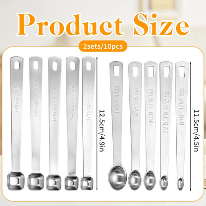 10 PCS Stainless Steel Teaspoon, Mini Measuring Spoons Set, for Small Dry & Liquid Ingredients, 1/3, 1/4, 1/8, 1/16, 3/16 tsp with Keyring for Cooking and Baking (Square, Round)