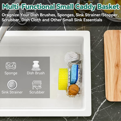 3-In-1 Sponge Holder for Kitchen Sink with Suction Cups & Adhesive Hook , In-sink Sponge Holder, Wall Hanging Sink Caddy Organizer Rack - Sponge, Dish Cloth, Brush, Scrubber - 304 Stainless Steel