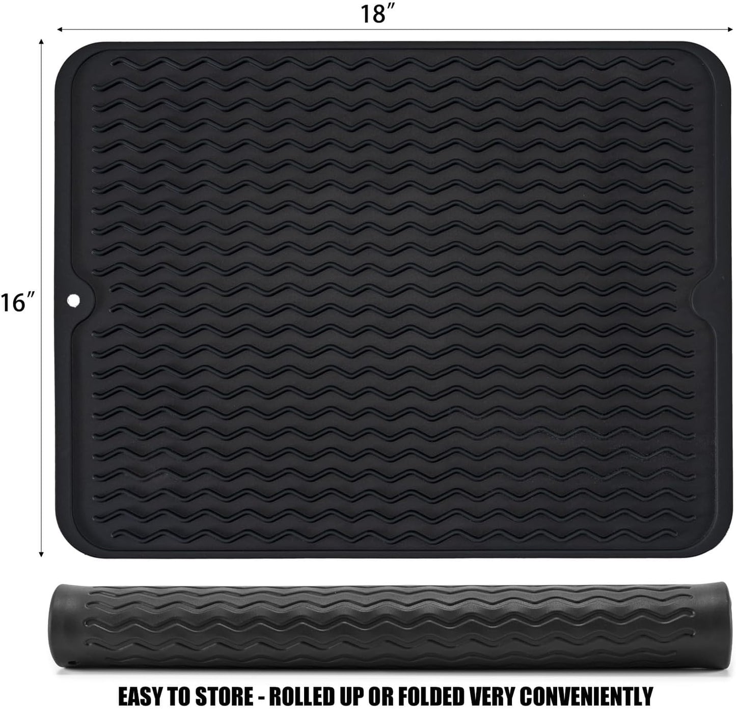 Large 17" x 14" Silicone Dish Drying Mat for Kitchen Counter, Easy clean, Quick Dry, Heat-resistant Dish Drainer Mat for Sink,Refrigerator or Drawer liner (Food Grade Silicone-Black)