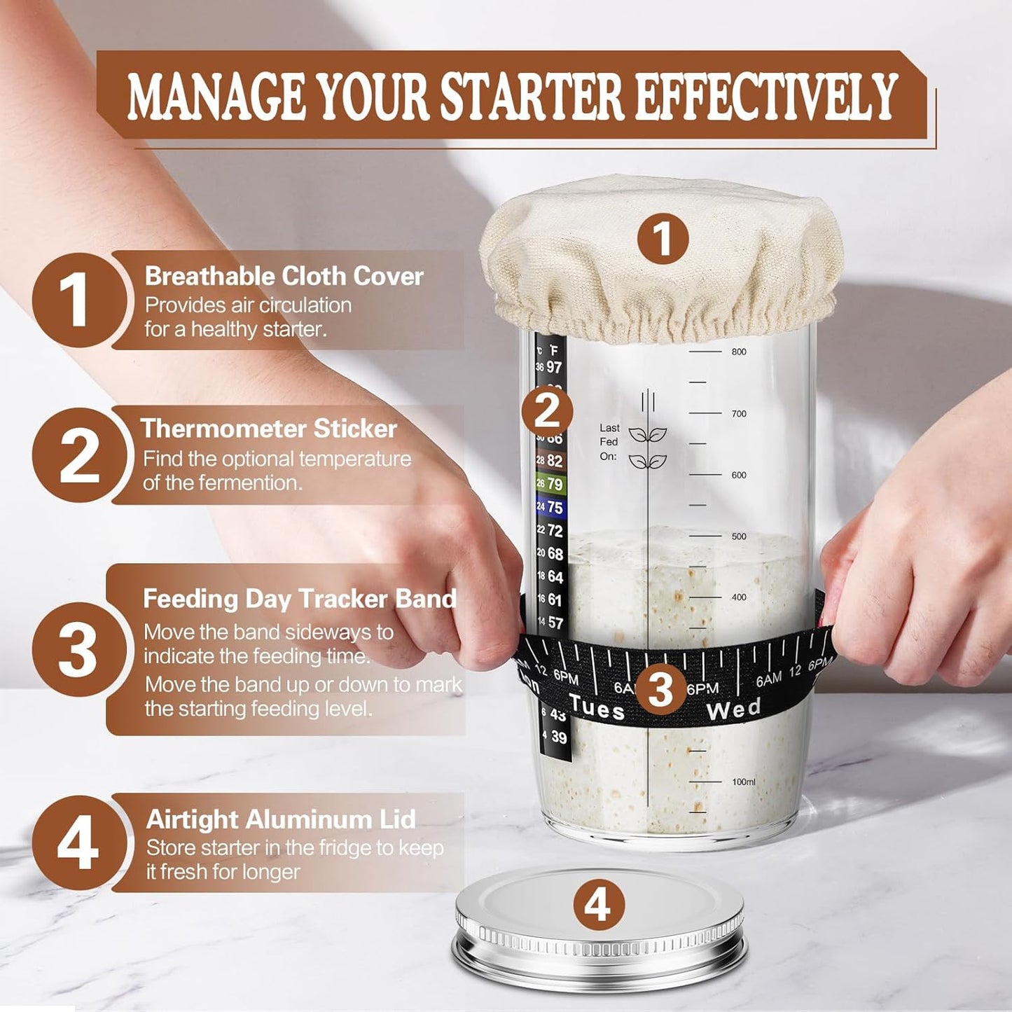 Sourdough Starter Kit, 9'' Round Banneton Proofing Basket, 36oz Sourdough Starter Jar, Bread Lame, Dough Scraper, Dough Whisk & Silicone Bread Sling