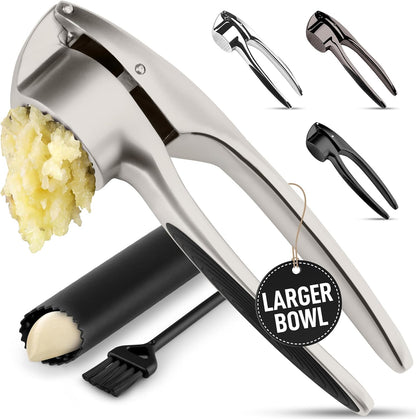 Zulay Kitchen Premium Garlic Press Set - Rust Proof Professional Garlic Mincer Tool - Easy-Squeeze, Easy-Clean with Soft, Ergonomic Handle - Silicone Garlic Peeler & Brush (Silver)