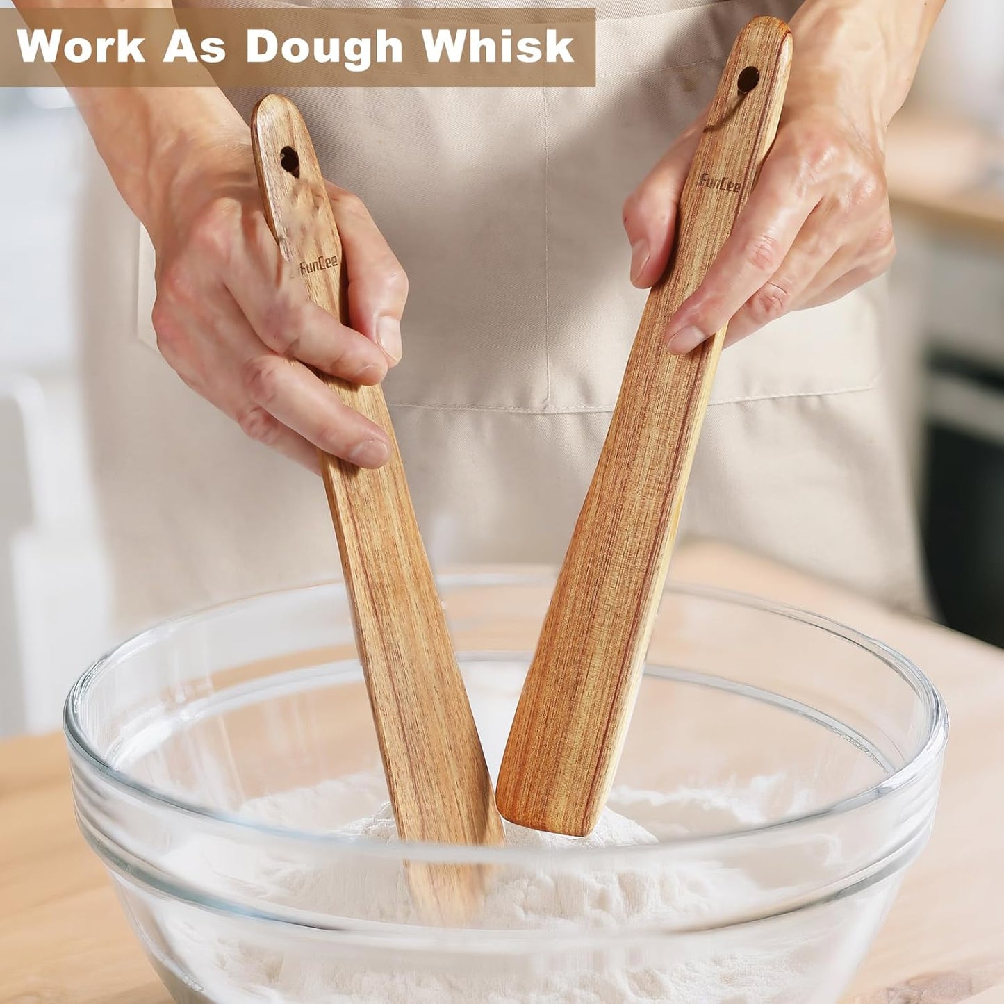 2 Pack Wooden Spurtle for Sourdough Starter, Mixing, Reaching Bottom of Jar, Dough Whisk, Long Handle Jar Spatula, Spurtles Kitchen Tools Teak Wood Kitchen Utensils kit for Baking, Cooking