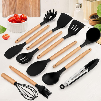E-far Cooking Utensils Set of 6, Silicone Kitchen Utensils with Wooden Handle, Non-stick Cookware Friendly & Heat Resistant, Includes Spatula/Ladle/Slotted Turner/Serving Spoon/Spaghetti Server(Khaki)