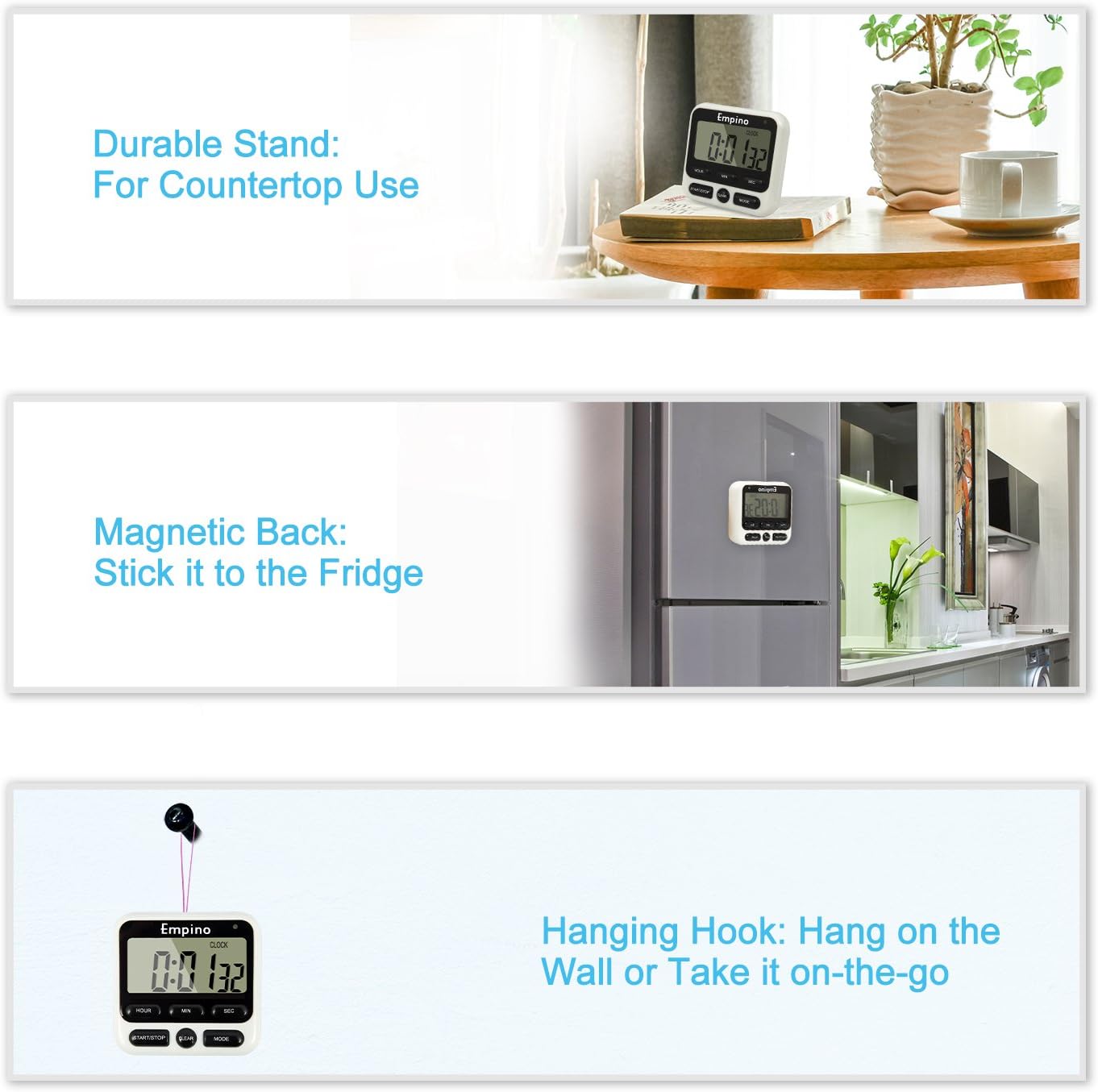Digital Kitchen Timer - Empino Upgraded 24-Hours Cooking Timer Clock Countdown Multifunction with Big Digits, Loud Alarm, Magnetic Backing Stand, and Memory for Cooking Baking Exercise, White