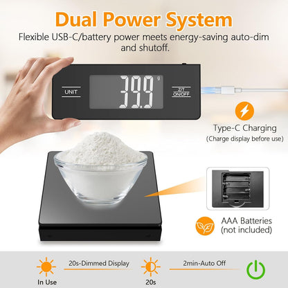 Kitchen Scale with Detachable Display Wireless Stainless Steel Digital Food Scale, 11lb/5kg, 1g Precision, Backlit LCD, Tare Function for Baking, Coffee Brewing & Cooking, Metallic/Black