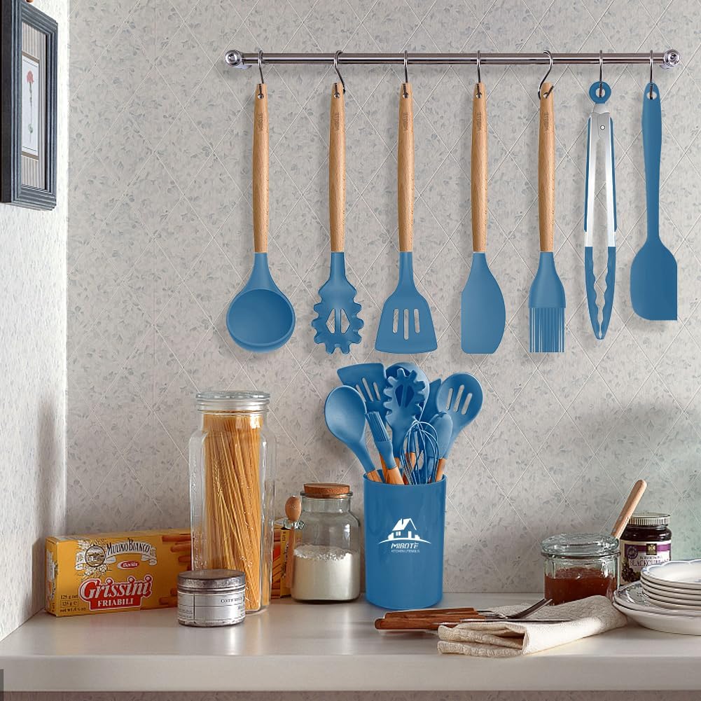 MIBOTE Silicone Cooking Kitchen Utensils Set with Holder, Wooden Handles BPA Free Non Toxic Silicone Turner Tongs Spatula Spoon Kitchen Gadgets Utensil Set for Nonstick Cookware (Coffee)