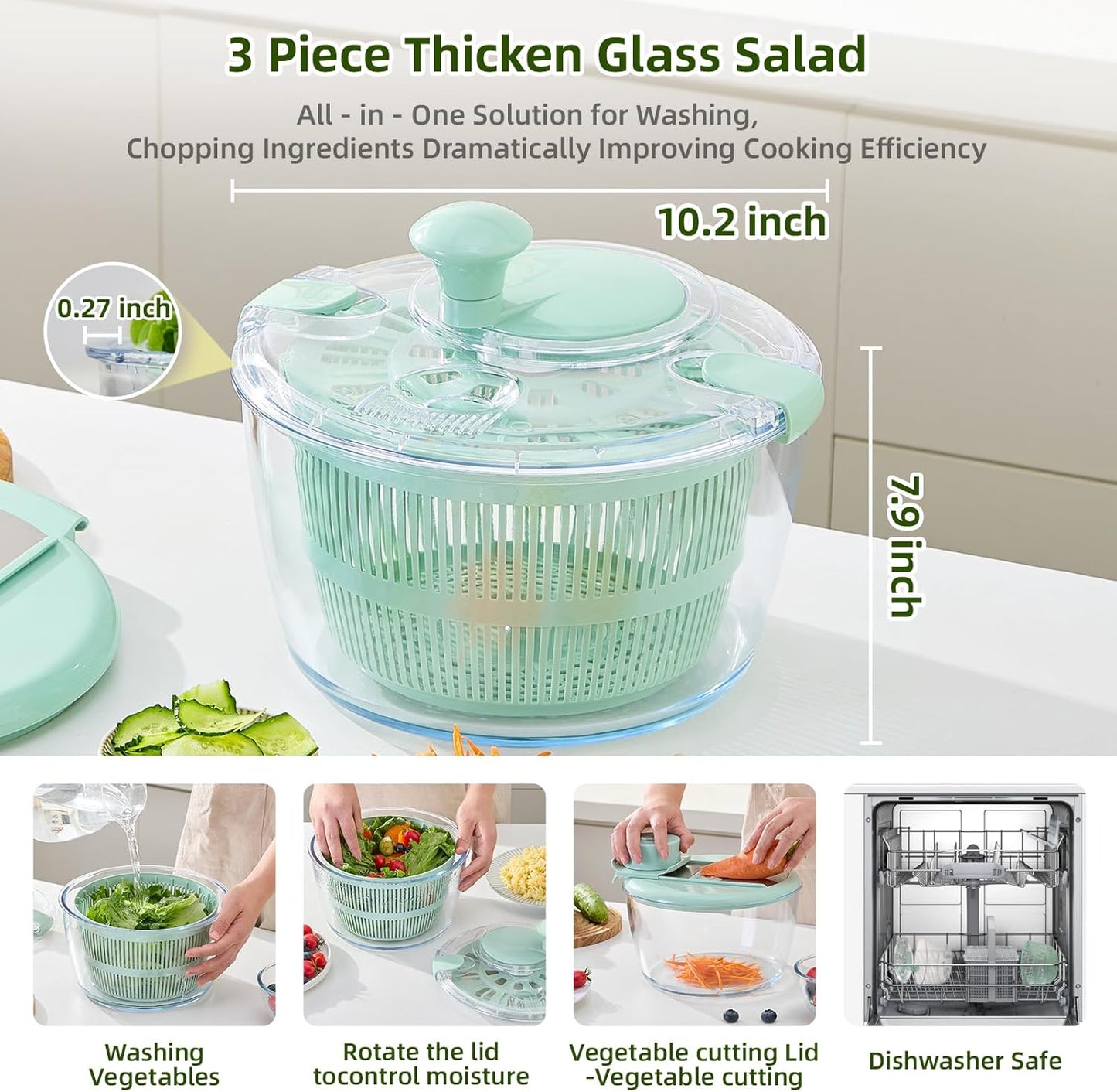 Borosilicate Glass Large Salad Spinner & Vegetable Washer - 5.2 Quart BPA-Free Dehydrator with Handle Includes 5 Chopping Blades Slicer, Drain Bowl Dishwasher Safe - Perfect for Lettuce Fruit Veggies