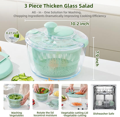 Borosilicate Glass Large Salad Spinner & Vegetable Washer - 5.2 Quart BPA-Free Dehydrator with Handle Includes 5 Chopping Blades Slicer, Drain Bowl Dishwasher Safe - Perfect for Lettuce Fruit Veggies