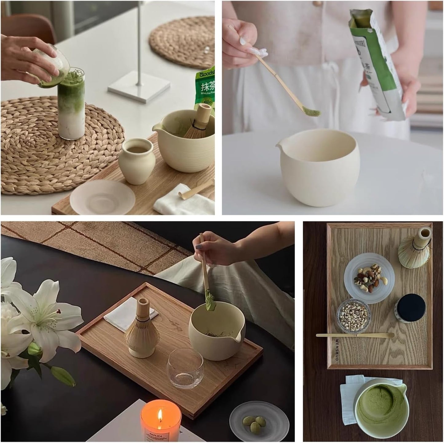 Matcha Whisk Set, Ceramic Matcha Bowl & Whisk Holder, Bamboo Accessory, Modern Design (Matte Crème, Pouring Spout) (Matte Crème)