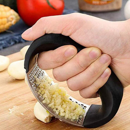 Garlic Press Rocker - Stainless Steel Garlic Crusher, Chopper, Mincer with Silicone Garlic Peeler, Mini Brush Tools For You (Black)