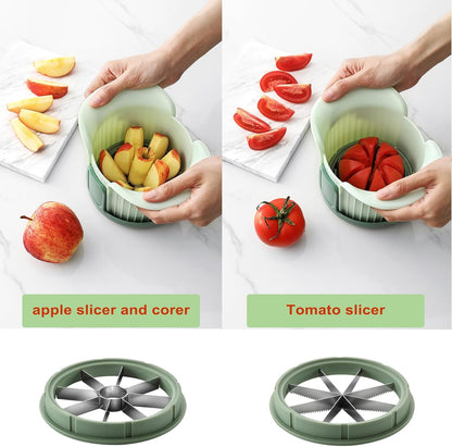 Apple Slicer, 8 Slices Heavy Duty Apple Cutter with Stand, Apple Corer&Tomato Slicer with Comfort Handle，Up to 3.8 IN Apples, The new apple slicer and corer also comes with tomato cutting blades.