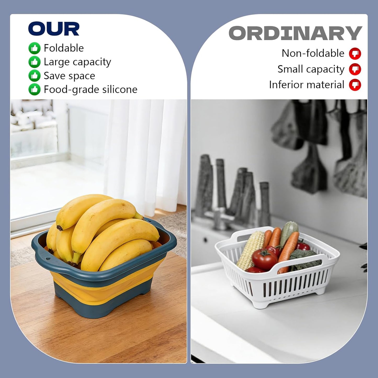 Collapsible Colander Set & Food Strainer for Kitchen, 4 in 1 Kitchen Gadget Strainer with Draining Tray for Pasta Noodle Fruit & Vegetable, 1 Pack