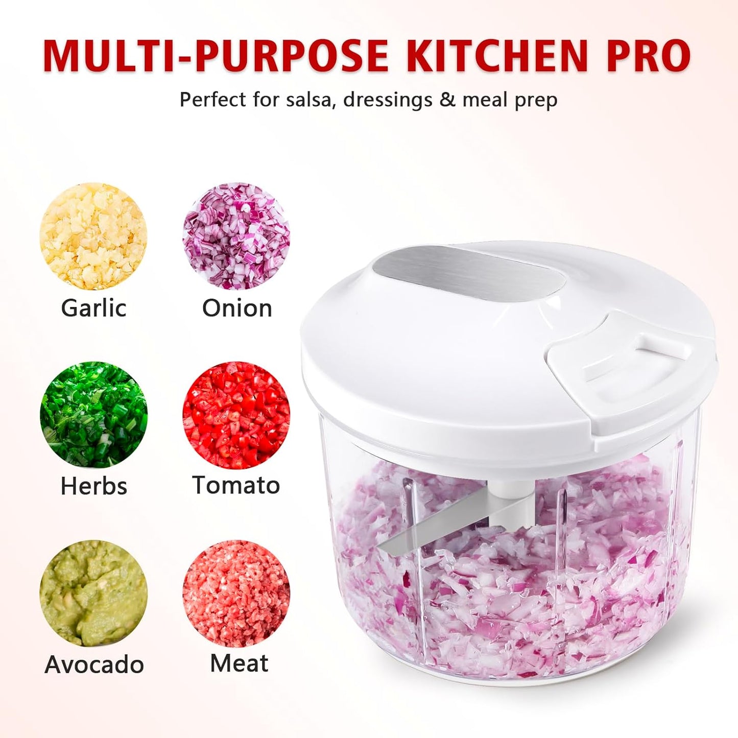 Manual Food Processor 1000ML Large Capacity Pull String Vegetable Chopper Onion Cutter for Salsa Nuts Pesto Herbs Easy to Clean Kitchen Gadget Black