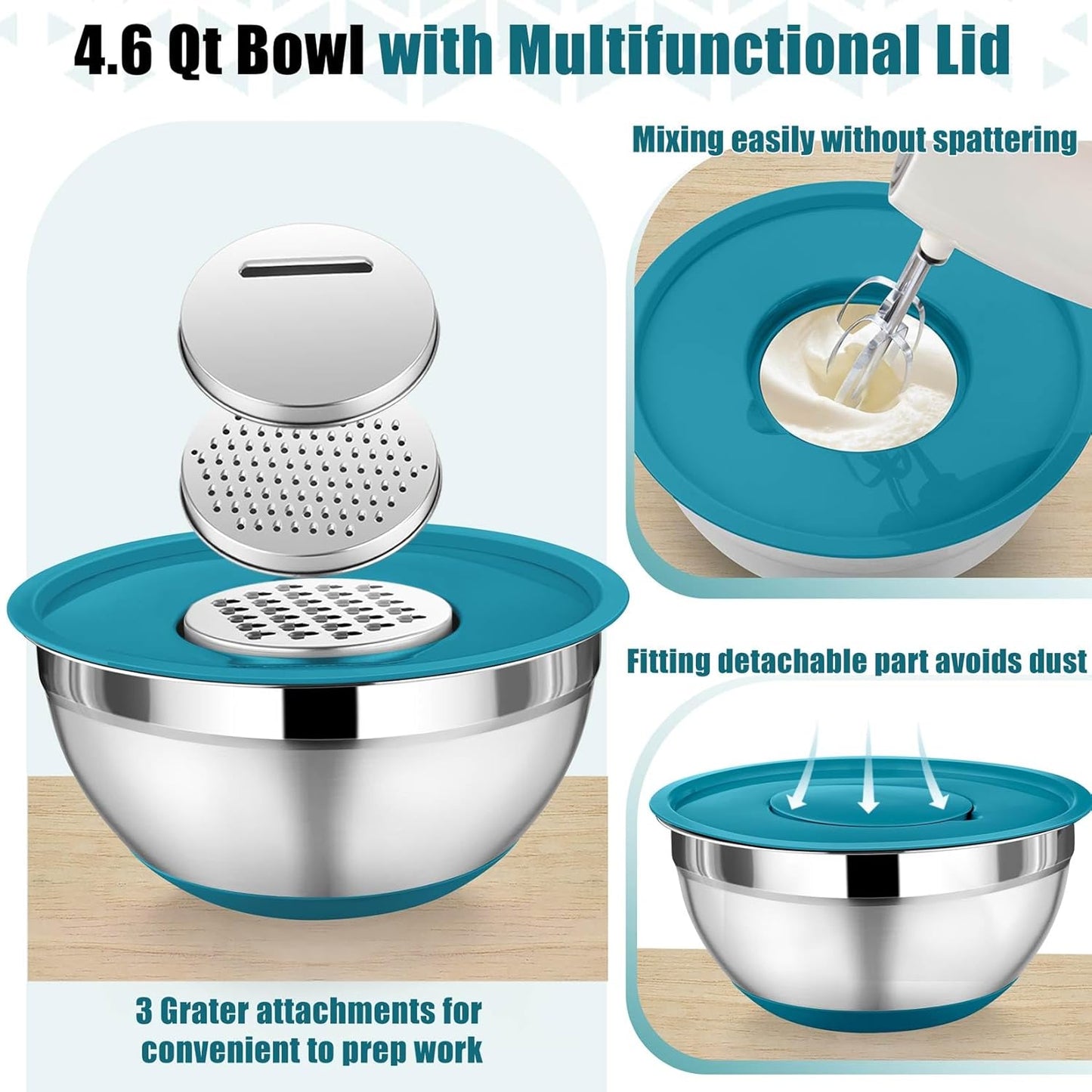 P&P CHEF Mixing Bowl with Lid Set, 5 Piece Stainless Steel Mixing Nesting Bowls for Salad Storage, 3 Grater Attachments & Non-Slip Bottoms, Size 1/1.5/2 / 2.6/4.6 QT, Multicolor