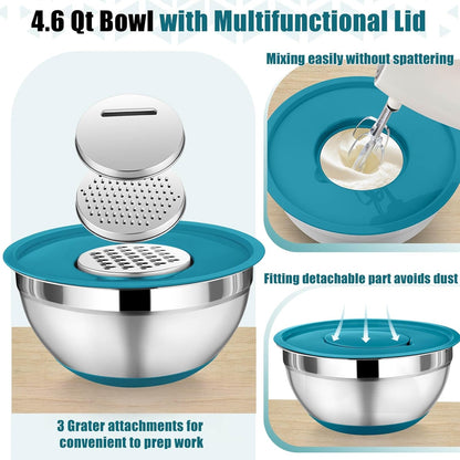 P&P CHEF Mixing Bowl with Lid Set, 5 Piece Stainless Steel Mixing Nesting Bowls for Salad Storage, 3 Grater Attachments & Non-Slip Bottoms, Size 1/1.5/2 / 2.6/4.6 QT, Multicolor