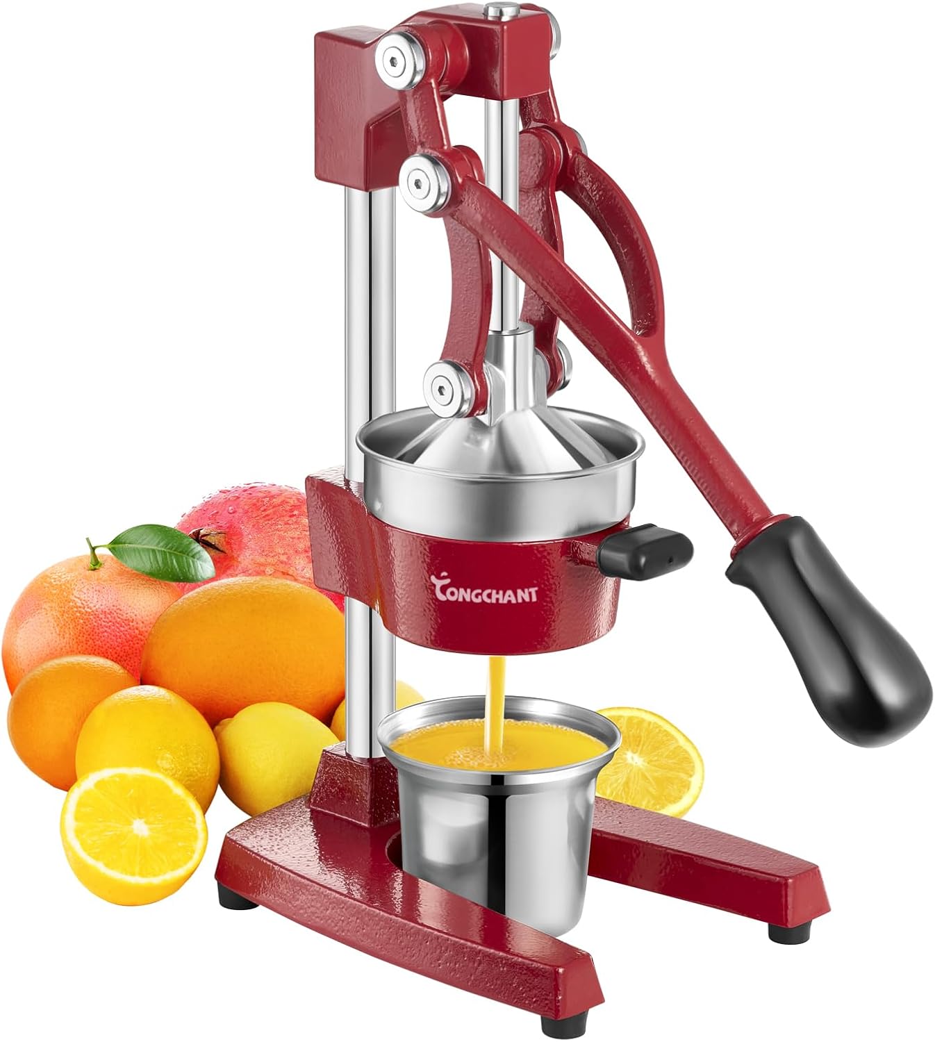 TONGCHANT Manual Juicer, Heavy Duty Cast Iron Juicer | Hand Press Juicer for Orange Lemon Lime Pomegranate & Citrus Fruits, High Leverage for Easy Juicing, Stainless Steel Cup, Easy to Clean, Black