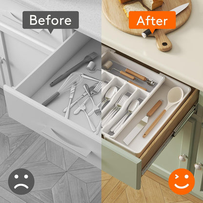 Lifewit Silverware Drawer Organizer, Expandable Utensil Tray for Kitchen, BPA Free Flatware and Cutlery Holder, Adjustable Plastic Storage for Spoons Forks Knives, 11-18 x 14", Black