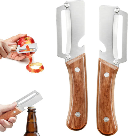 Left & Right Hand Vegetable Peeler Set with Scallion Slicer & Bottle Opener, Heavy-Duty Thick Stainless Steel Blade, Multi-Function Kitchen Peeler with Wooden Handle for Fruits & Vegetables(New 2pcs)