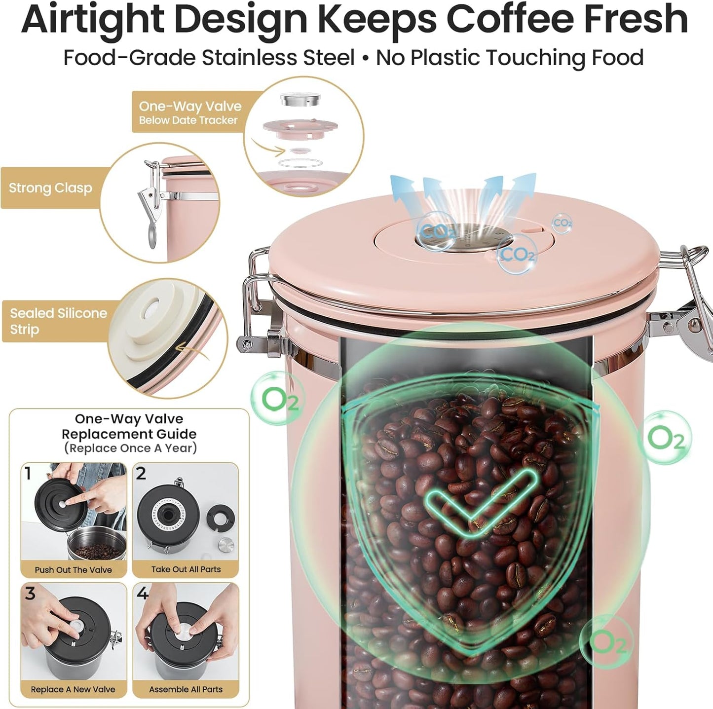 Veken Coffee Canister, Airtight Stainless Steel Kitchen Food Storage Container with Date Tracker and Scoop for Beans, Grounds, Tea, Flour, Cereal, Sugar, Cookie, 16OZ, Cream