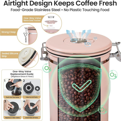 Veken Coffee Canister, Airtight Stainless Steel Kitchen Food Storage Container with Date Tracker and Scoop for Beans, Grounds, Tea, Flour, Cereal, Sugar, Cookie, 16OZ, Cream