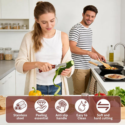Multifunctional Vegetable Peeler, 3 in 1 Julienne Peeler with Wooden Handle, Vegetable Shredder with Bottle Opener Kitchen Tool for Peeling Veggie Fruit Pineapple Pumpkin Papaya Carrrot(2 Pack)