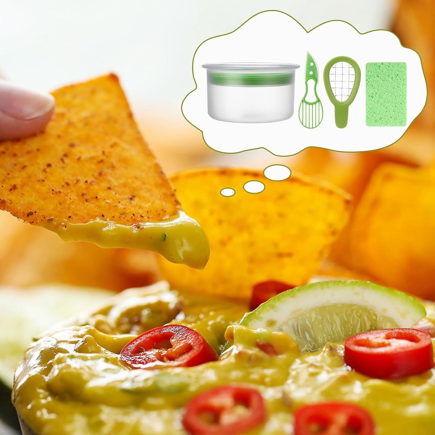 4 PCS Guacamole Keeper Set Guacamole Bowls Avocado Keeper Fresh Guacamole with 2-in-1 Avocado Slicer Avocado Knife and Cleaning Sponge Plastic Kitchen Storage Container(Green 1pcs)
