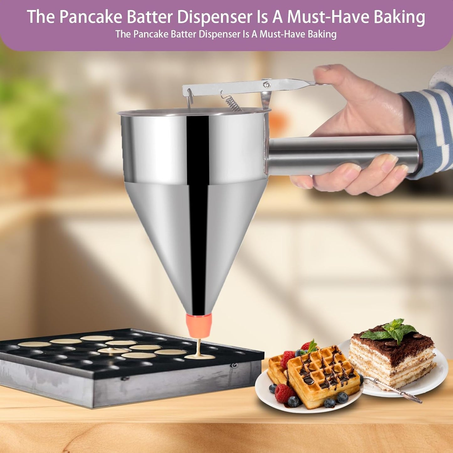 Pancake Batter Dispenser Funnel Cake Maker Cupcake Dispenser Funnel Cake Dispenser Stainless Steel Pancake Mix Dispenser with Squeeze Handle for Batter Baking Food and Candle Pouring, 40oz