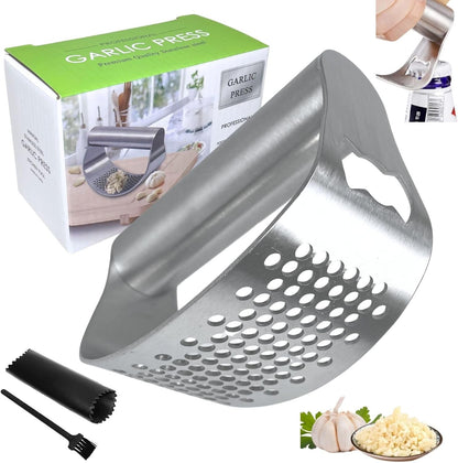Garlic Press Rocker 304 Stainless Steel Garlic Mincer & Crusher with Silicone Peeler and Cleaning Brush, Ergonomic Dishwasher Safe Garlic Chopper Kitchen Gadget for Seniors & Home Cooks