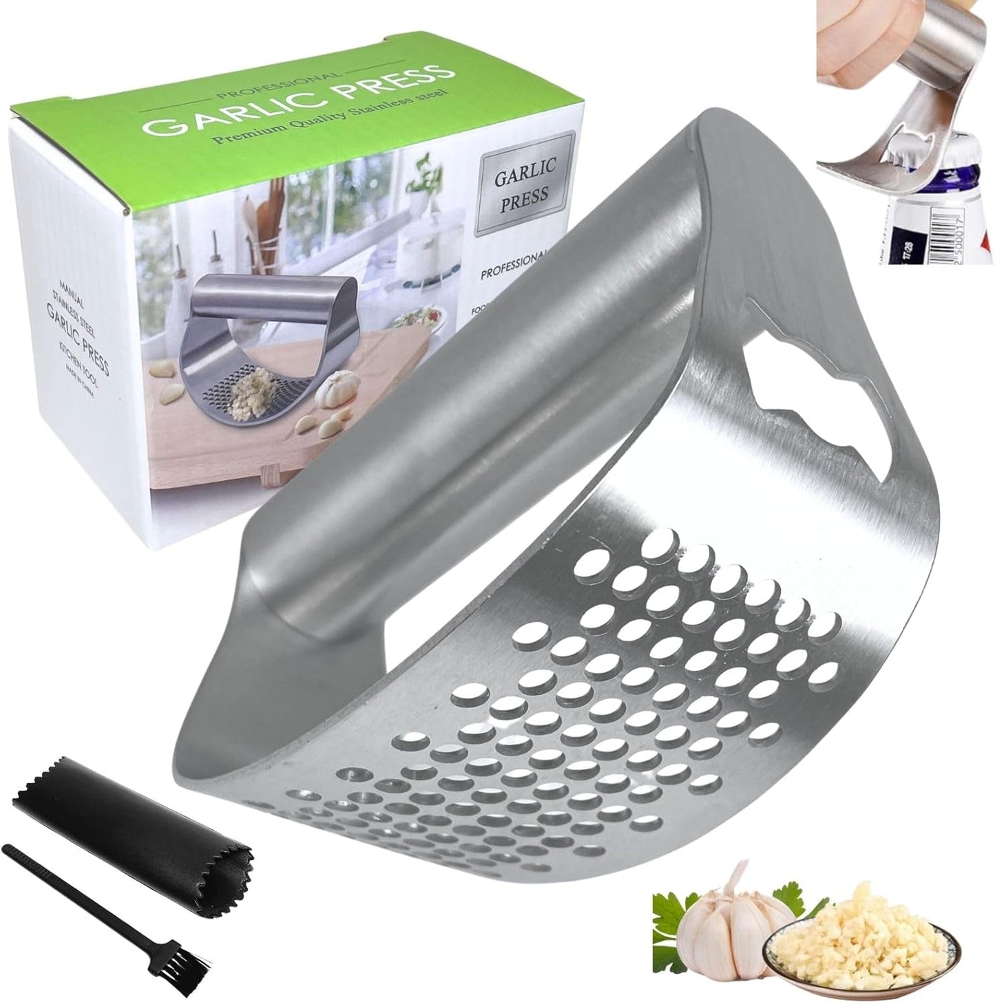 Garlic Press Rocker 304 Stainless Steel Garlic Mincer Crusher Easy to Clean Dishwasher Safe Textured End for Light Tenderizing, with Silicone Peeler and Cleaning Brush (Pink)