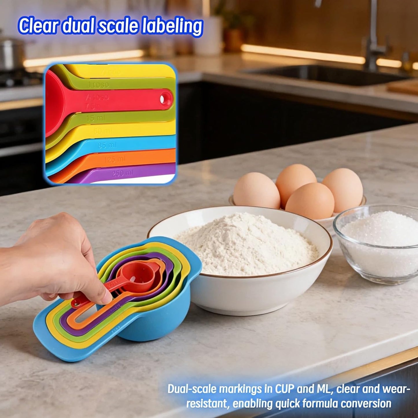 Rainbow Measuring Spoon and Cup Set, 6 Piece, Multicolor, BPA-Free Plastic, Dual Scale CUP/ML, Nesting Stackable Design for Baking and Cooking