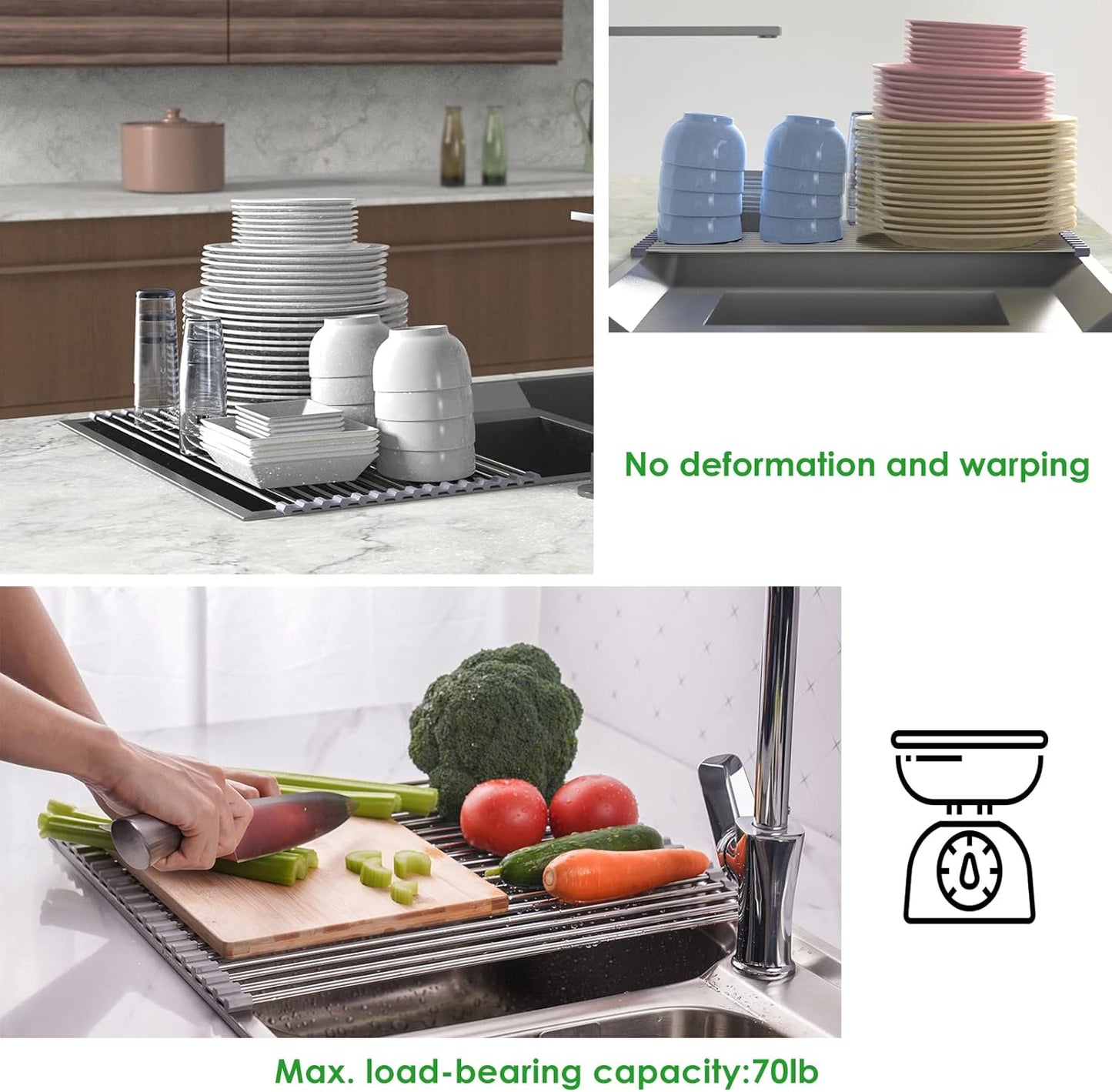 Tomorotec Roll Up Dish Drying Rack Over The Sink Grey Large Dish Drying Rack Rolling Foldable Collapsible SUS304 Stainless Steel Multipurpose Dish Drainer for Kitchen Counter (21”x15.7”)
